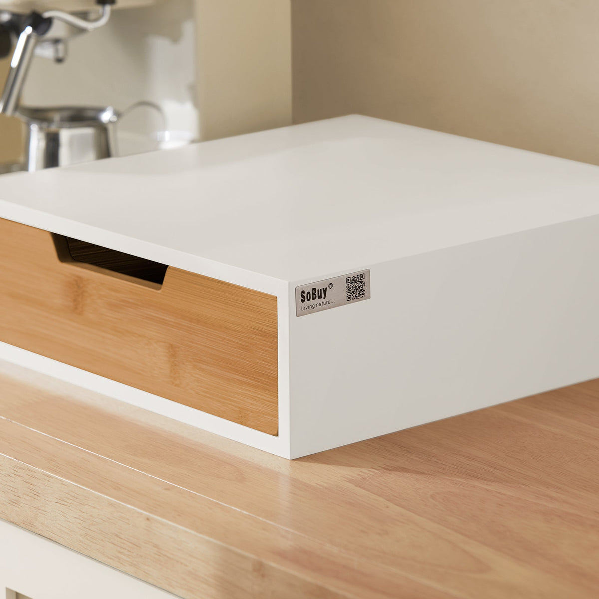SoBuy FRG179-WN Boîte à Thé avec Tiroir, Format Compact, Rangement Optimisé, Design Fonctionnel, Usage Quotidien – L31×P30×H10 cm, Bois, Blanc et Naturel