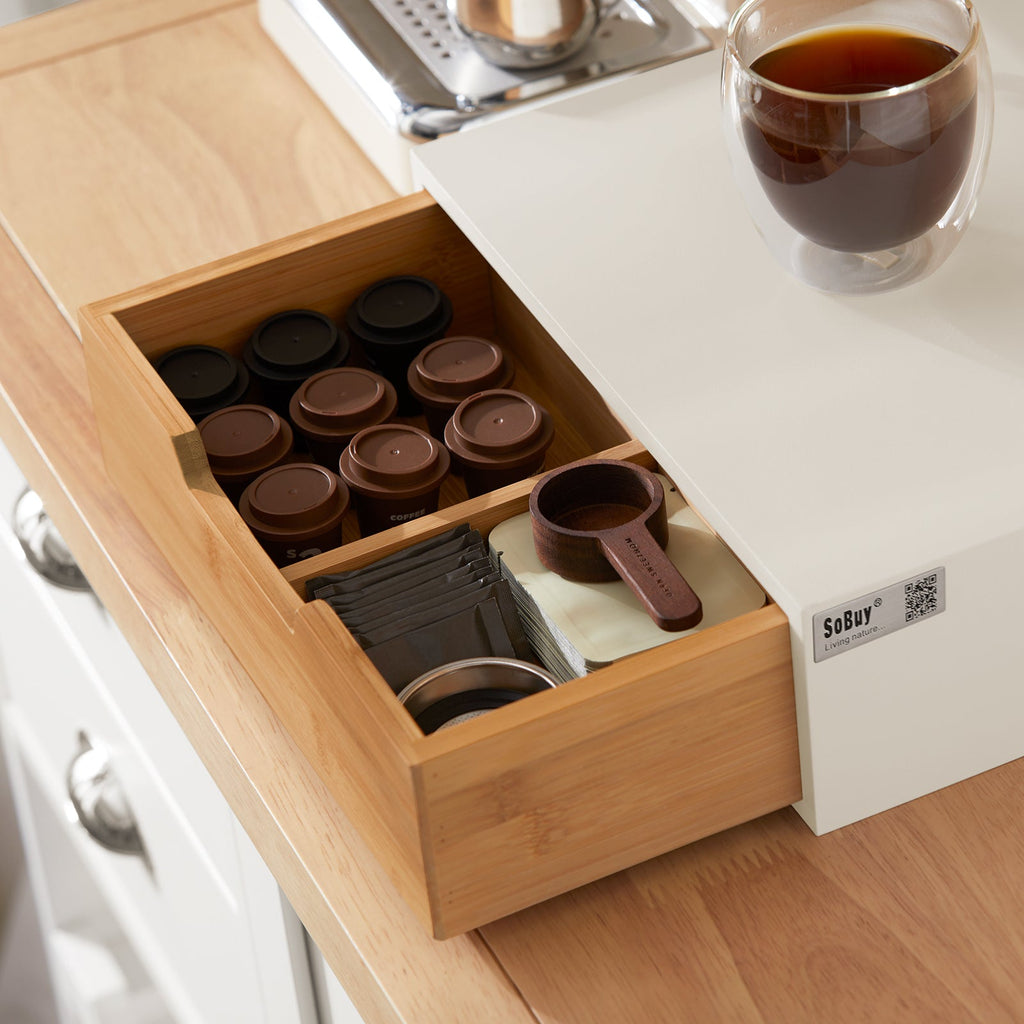 SoBuy FRG179-WN Boîte à Thé avec Tiroir, Format Compact, Rangement Optimisé, Design Fonctionnel, Usage Quotidien – L31×P30×H10 cm, Bois, Blanc et Naturel