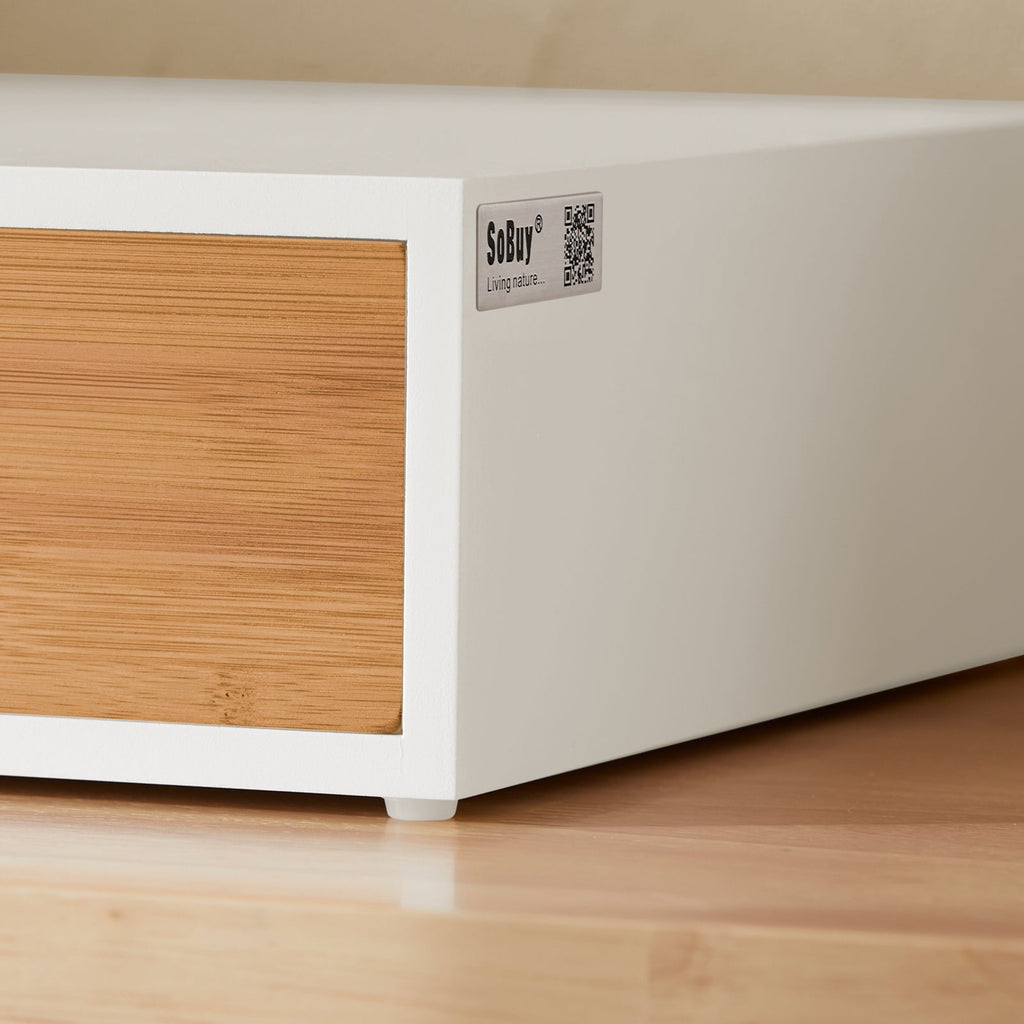 SoBuy FRG179-WN Boîte à Thé avec Tiroir, Format Compact, Rangement Optimisé, Design Fonctionnel, Usage Quotidien – L31×P30×H10 cm, Bois, Blanc et Naturel