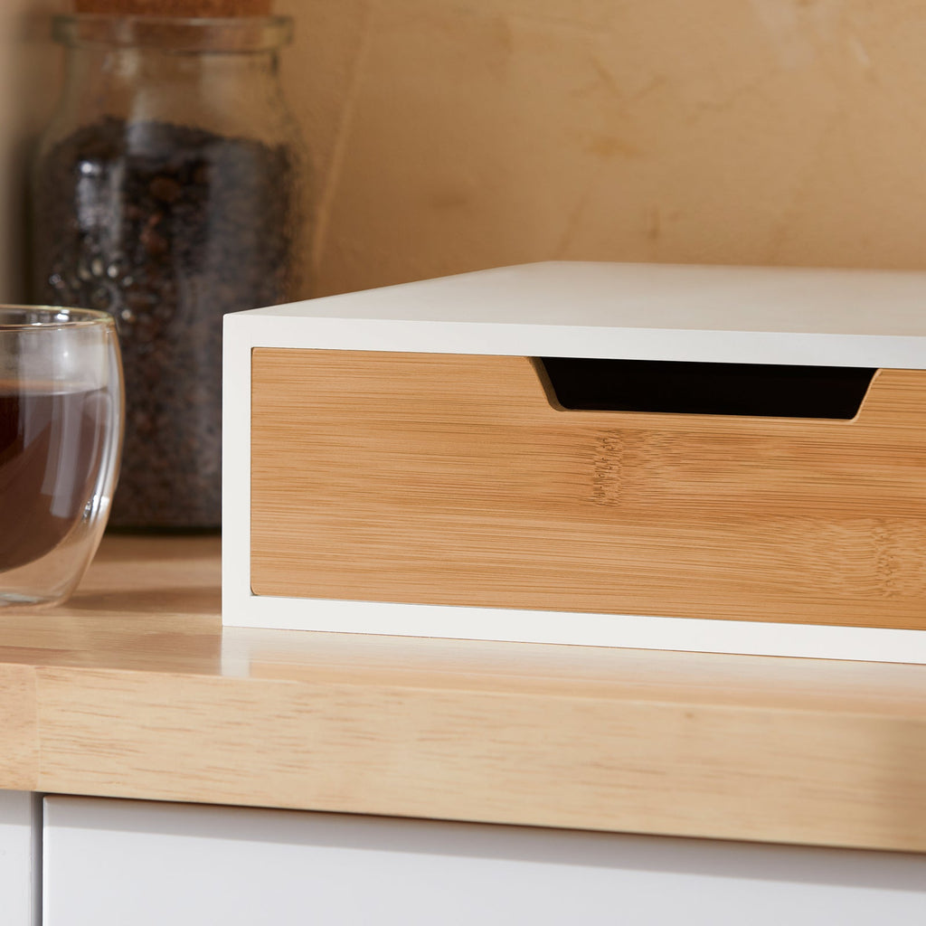 SoBuy FRG179-WN Boîte à Thé avec Tiroir, Format Compact, Rangement Optimisé, Design Fonctionnel, Usage Quotidien – L31×P30×H10 cm, Bois, Blanc et Naturel