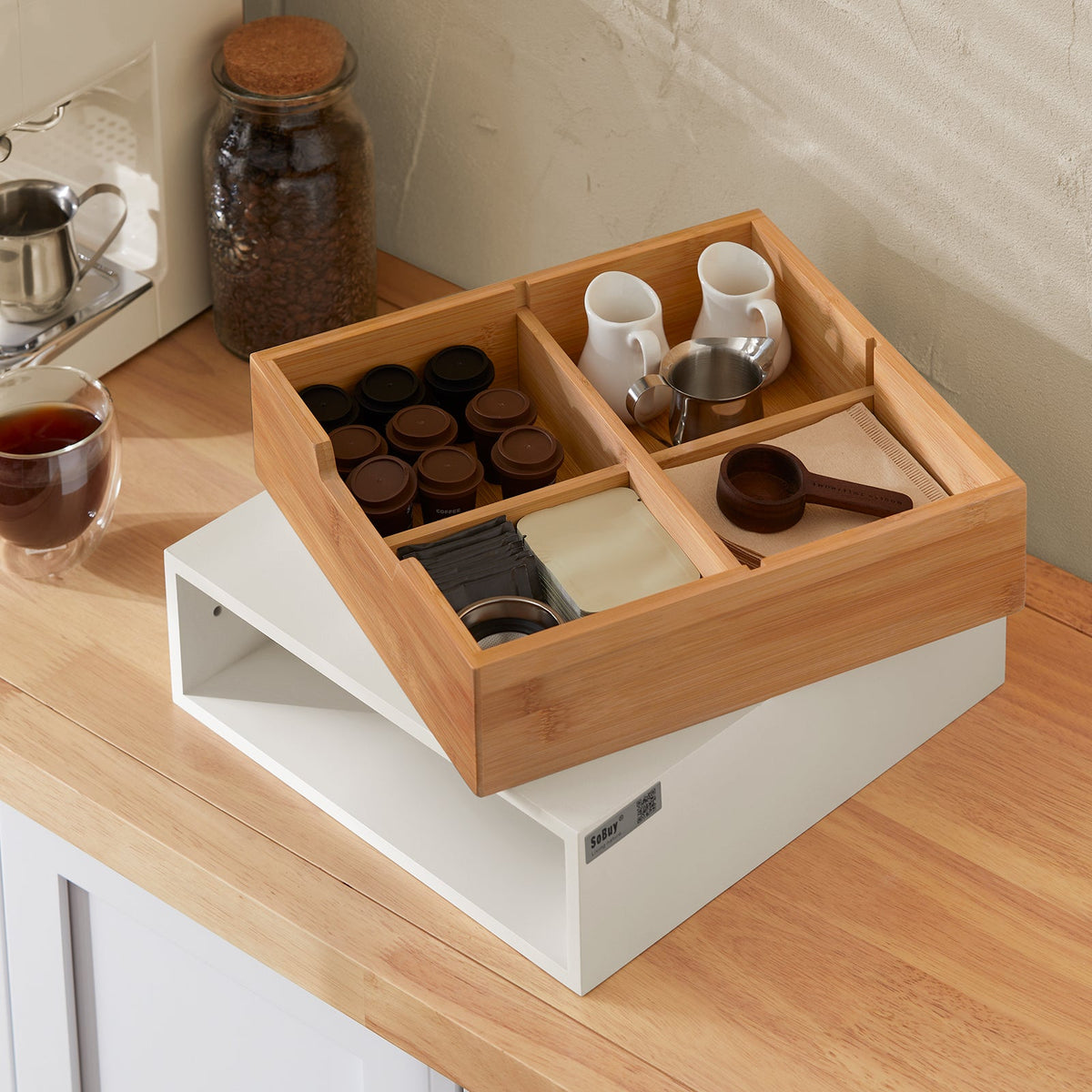 SoBuy FRG179-WN Boîte à Thé avec Tiroir, Format Compact, Rangement Optimisé, Design Fonctionnel, Usage Quotidien – L31×P30×H10 cm, Bois, Blanc et Naturel