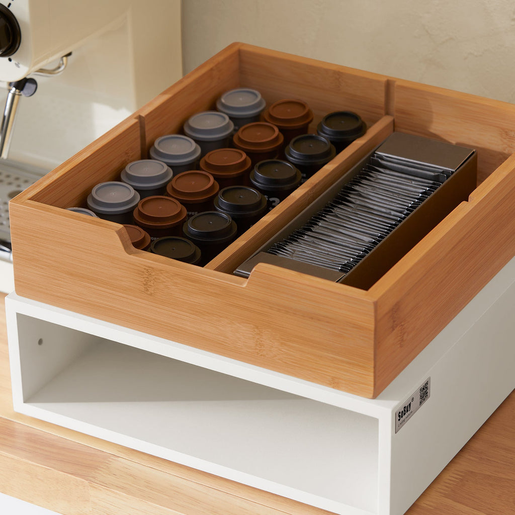 SoBuy FRG179-WN Boîte à Thé avec Tiroir, Format Compact, Rangement Optimisé, Design Fonctionnel, Usage Quotidien – L31×P30×H10 cm, Bois, Blanc et Naturel