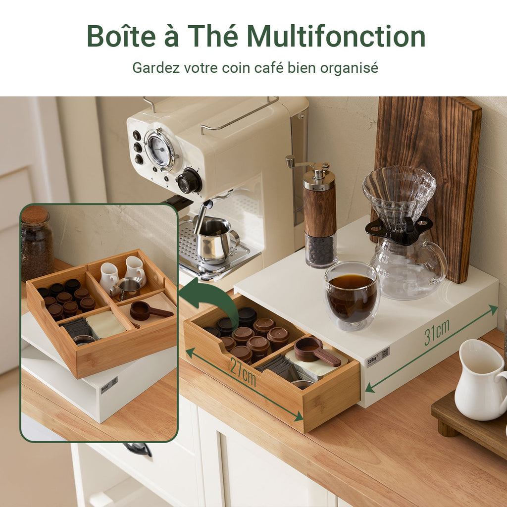 SoBuy FRG179-WN Boîte à Thé avec Tiroir, Format Compact, Rangement Optimisé, Design Fonctionnel, Usage Quotidien – L31×P30×H10 cm, Bois, Blanc et Naturel