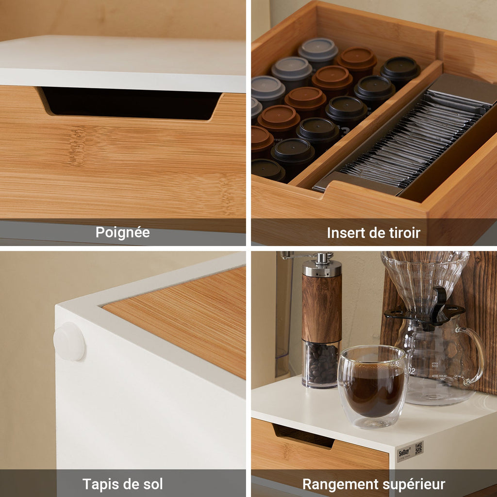 SoBuy FRG179-WN Boîte à Thé avec Tiroir, Format Compact, Rangement Optimisé, Design Fonctionnel, Usage Quotidien – L31×P30×H10 cm, Bois, Blanc et Naturel
