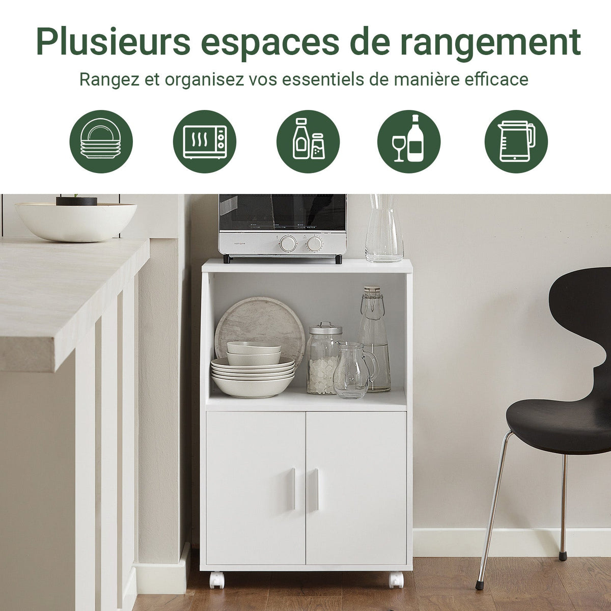 SoBuy FRG241-W Meuble de Rangement à Roulettes avec Portes et Étagère Réglable – Blanc