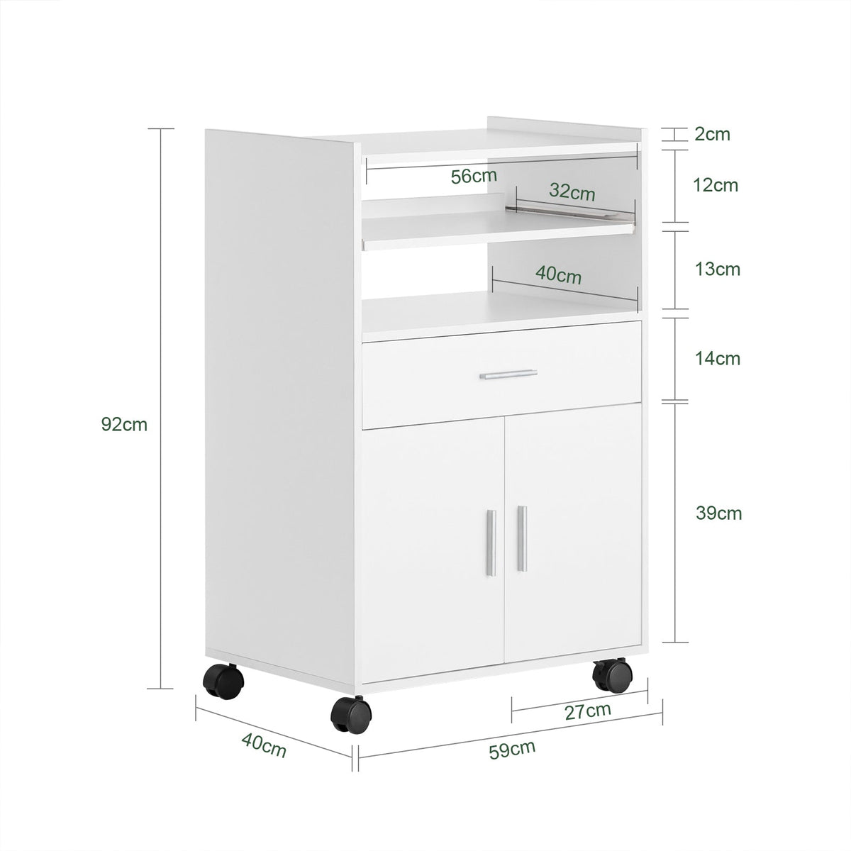 SoBuy FSB09-W Chariot de Cuisine sur Roulettes avec Plan de Travail Extensible – Meuble Micro-Ondes, 2 Étagères, Tiroir, Blanc, 40×59×92 cm