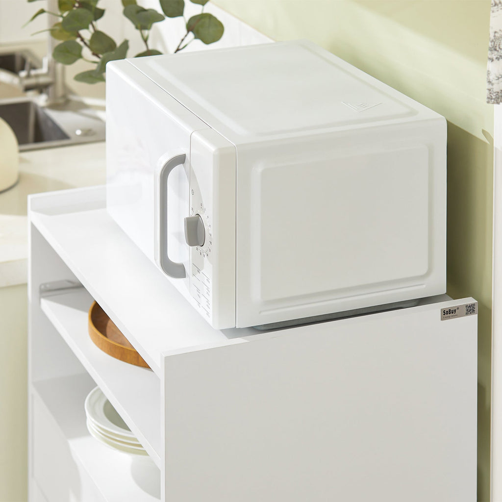 SoBuy FSB09-W Chariot de Cuisine sur Roulettes avec Plan de Travail Extensible – Meuble Micro-Ondes, 2 Étagères, Tiroir, Blanc, 40×59×92 cm