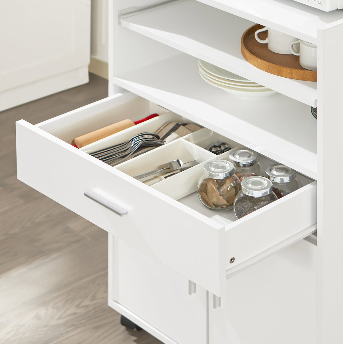 SoBuy FSB09-W Chariot de Cuisine sur Roulettes avec Plan de Travail Extensible – Meuble Micro-Ondes, 2 Étagères, Tiroir, Blanc, 40×59×92 cm