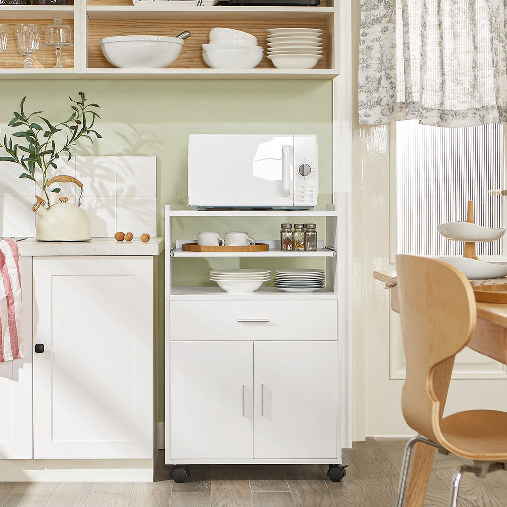 SoBuy FSB09-W Chariot de Cuisine sur Roulettes avec Plan de Travail Extensible – Meuble Micro-Ondes, 2 Étagères, Tiroir, Blanc, 40×59×92 cm