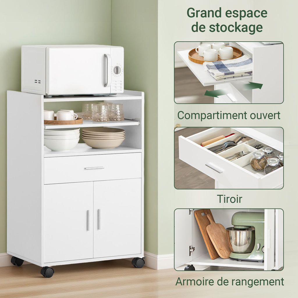 SoBuy FSB09-W Chariot de Cuisine sur Roulettes avec Plan de Travail Extensible – Meuble Micro-Ondes, 2 Étagères, Tiroir, Blanc, 40×59×92 cm