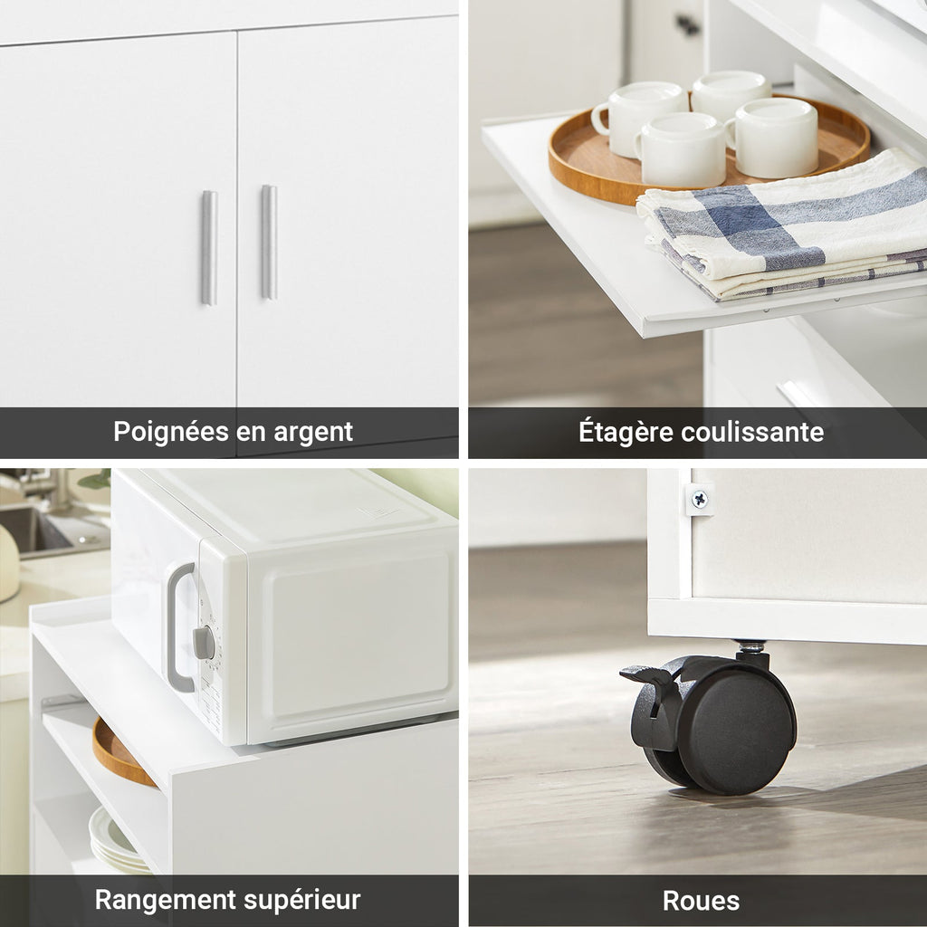 SoBuy FSB09-W Chariot de Cuisine sur Roulettes avec Plan de Travail Extensible – Meuble Micro-Ondes, 2 Étagères, Tiroir, Blanc, 40×59×92 cm