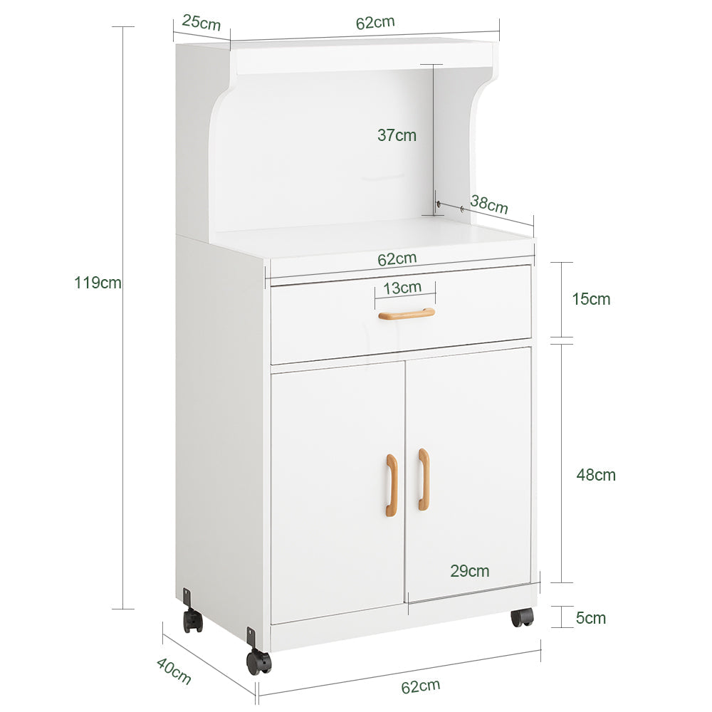 SoBuy FSB12-W Desserte Cuisine à Roulettes avec Micro-Ondes – Tiroir, 2 Portes, Poignées Bois, Blanc