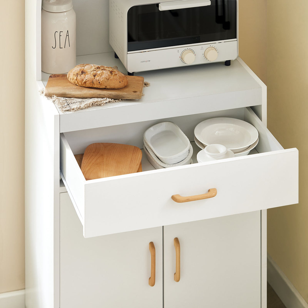 SoBuy FSB12-W Desserte Cuisine à Roulettes avec Micro-Ondes – Tiroir, 2 Portes, Poignées Bois, Blanc