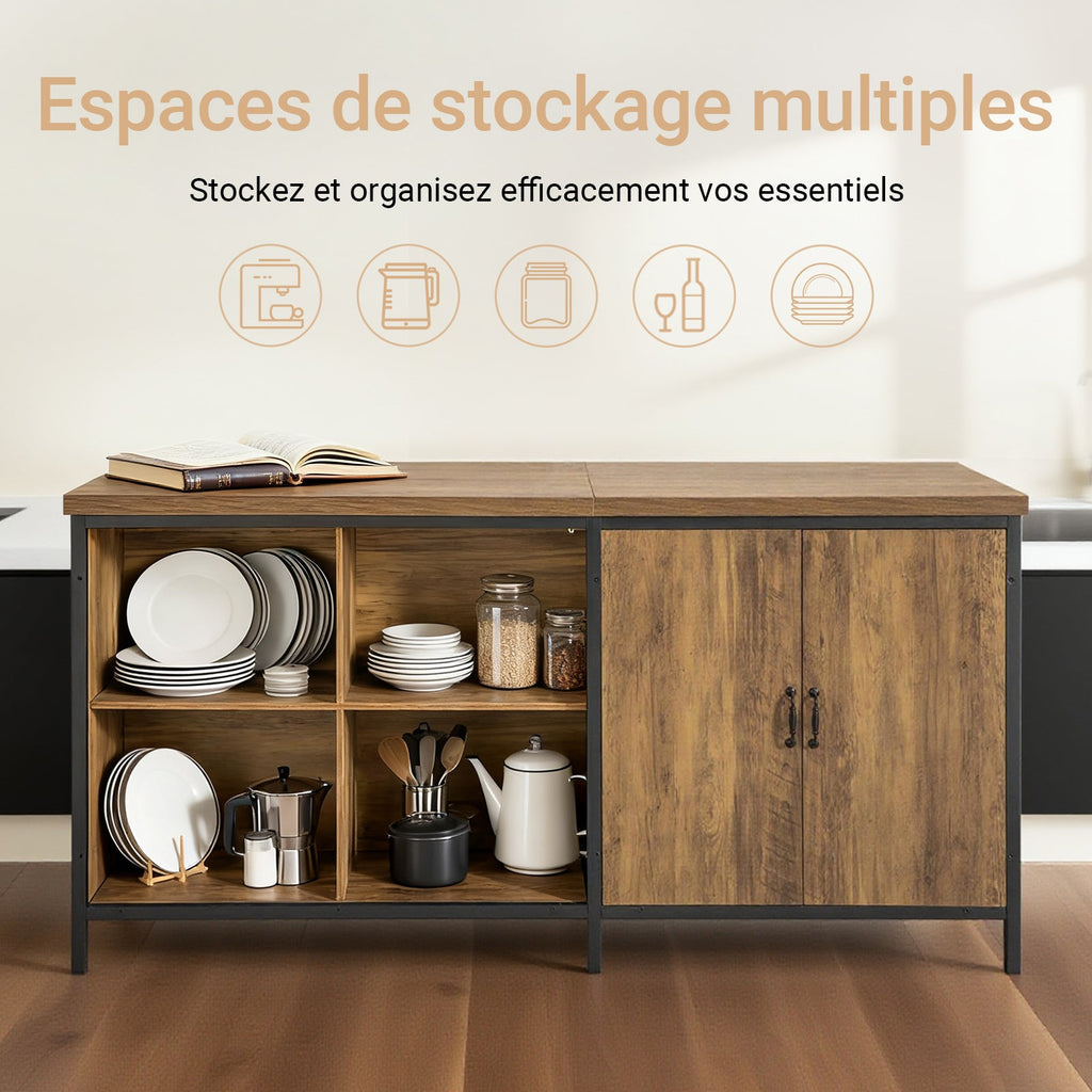 SoBuy KNL01-F Îlot Central Cuisine Industriel 170 cm – Plan de Travail XXL, Buffet Bar Vintage