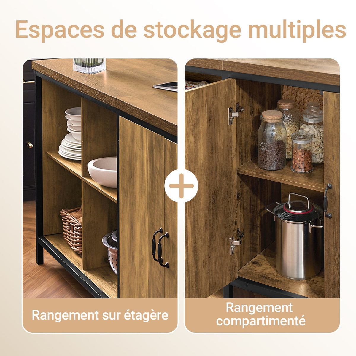 SoBuy KNL01-F Îlot Central Cuisine Industriel 170 cm – Plan de Travail XXL, Buffet Bar Vintage