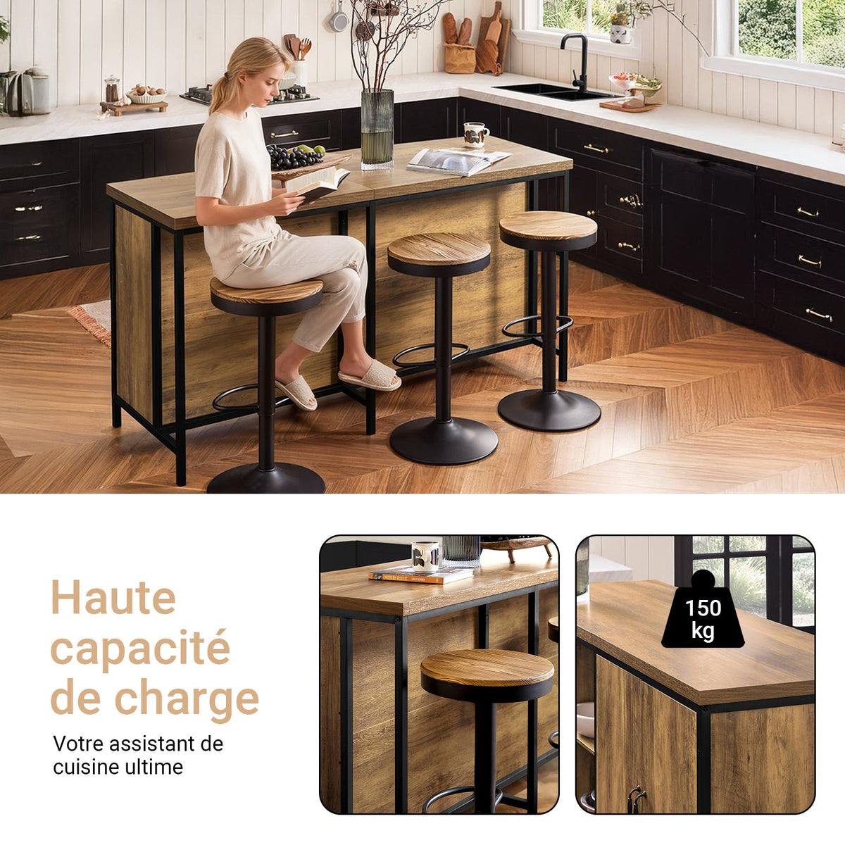 SoBuy KNL01-F Îlot Central Cuisine Industriel 170 cm – Plan de Travail XXL, Buffet Bar Vintage