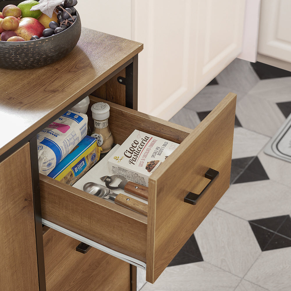 SoBuy KNL02-PF Îlot Central de Cuisine avec 2 Portes, 3 Tiroirs, 1 Porte et 1 Étagère, pour Cuisine et Salle à Manger, Rangement Optimisé – L113×P69×H106 cm