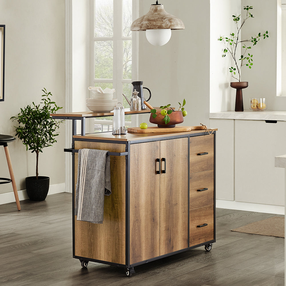SoBuy KNL02-PF Îlot Central de Cuisine avec 2 Portes, 3 Tiroirs, 1 Porte et 1 Étagère, pour Cuisine et Salle à Manger, Rangement Optimisé – L113×P69×H106 cm