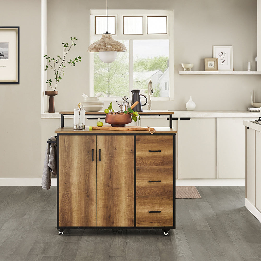 SoBuy KNL02-PF Îlot Central de Cuisine avec 2 Portes, 3 Tiroirs, 1 Porte et 1 Étagère, pour Cuisine et Salle à Manger, Rangement Optimisé – L113×P69×H106 cm