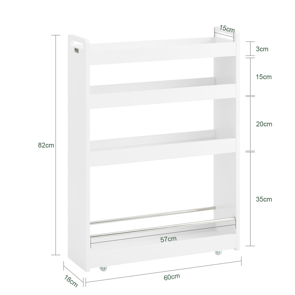 SoBuy NSR01-W Chariot de Rangement avec Roues et 4 Niveaux, Format Compact, Rangement Optimisé, Design Fonctionnel, Usage Quotidien – L60×P18×H82 cm, Blanc
