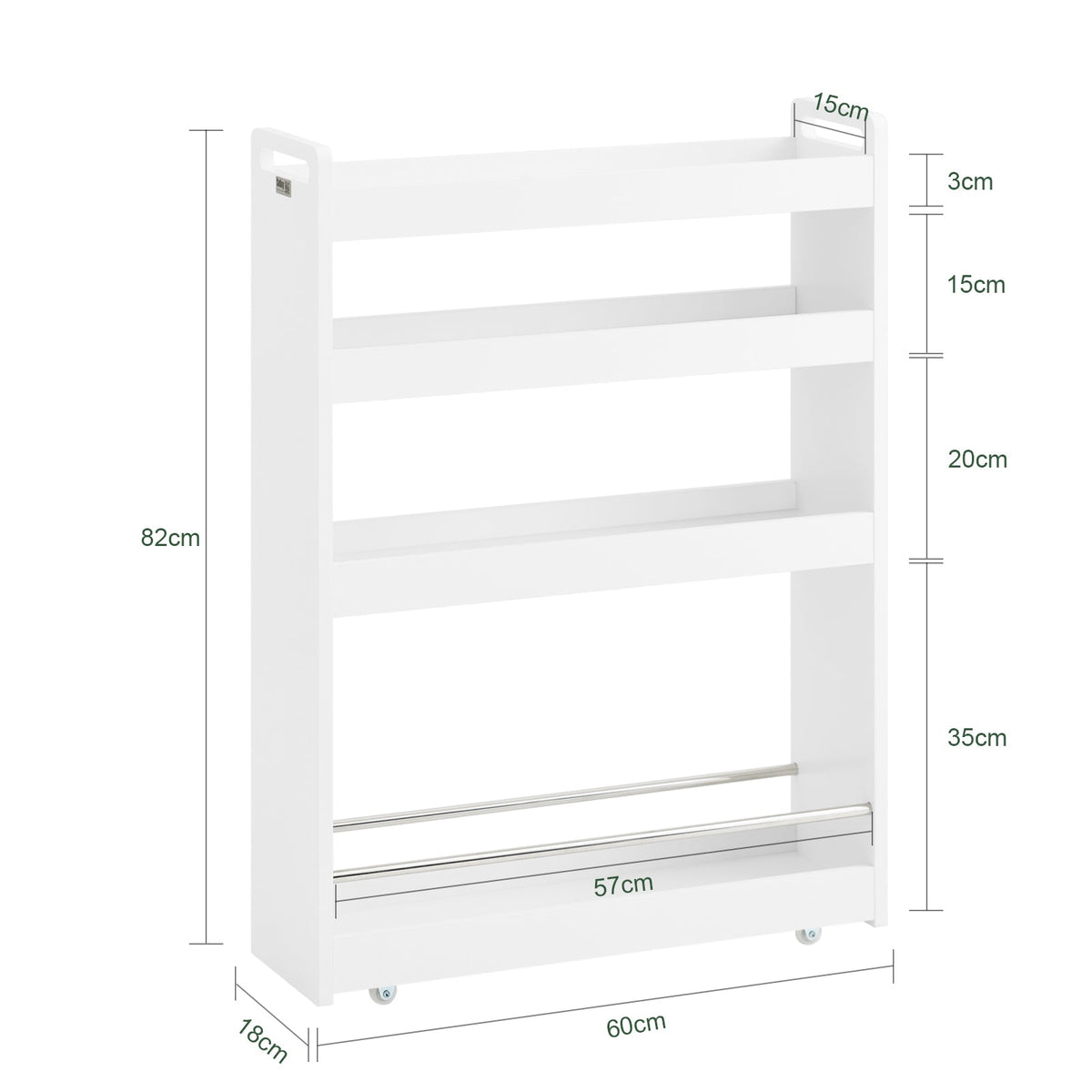SoBuy NSR01-W Chariot de Rangement avec Roues et 4 Niveaux, Format Compact, Rangement Optimisé, Design Fonctionnel, Usage Quotidien – L60×P18×H82 cm, Blanc
