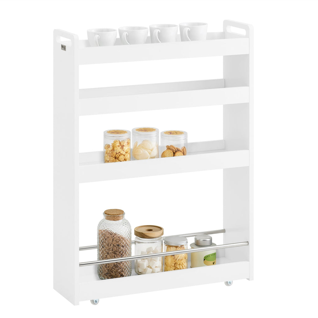 SoBuy NSR01-W Chariot de Rangement avec Roues et 4 Niveaux, Format Compact, Rangement Optimisé, Design Fonctionnel, Usage Quotidien – L60×P18×H82 cm, Blanc