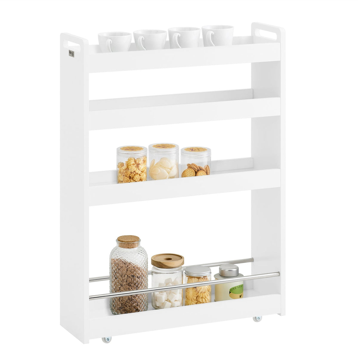 SoBuy NSR01-W Chariot de Rangement avec Roues et 4 Niveaux, Format Compact, Rangement Optimisé, Design Fonctionnel, Usage Quotidien – L60×P18×H82 cm, Blanc