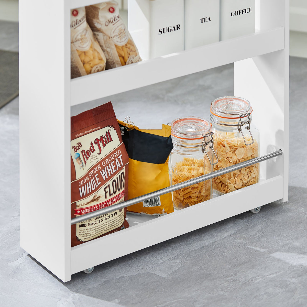 SoBuy NSR01-W Chariot de Rangement avec Roues et 4 Niveaux, Format Compact, Rangement Optimisé, Design Fonctionnel, Usage Quotidien – L60×P18×H82 cm, Blanc