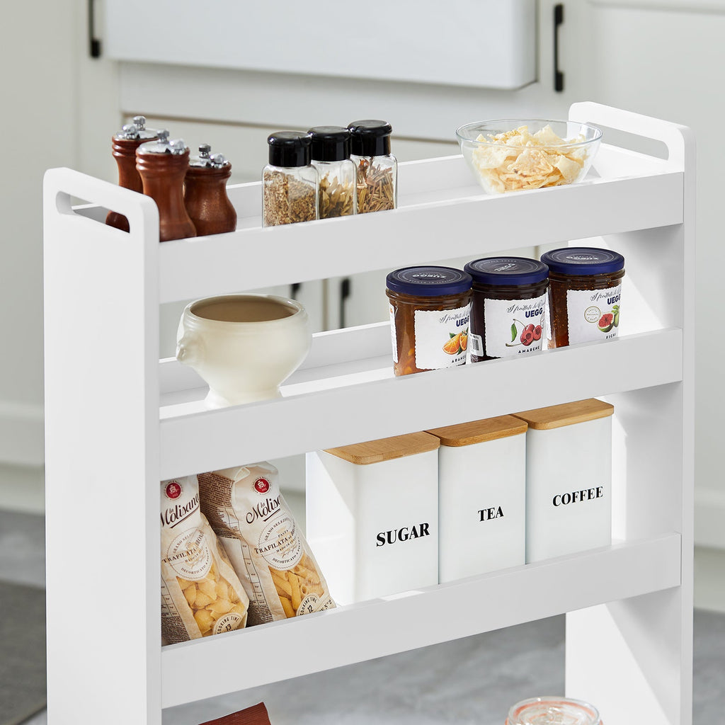 SoBuy NSR01-W Chariot de Rangement avec Roues et 4 Niveaux, Format Compact, Rangement Optimisé, Design Fonctionnel, Usage Quotidien – L60×P18×H82 cm, Blanc