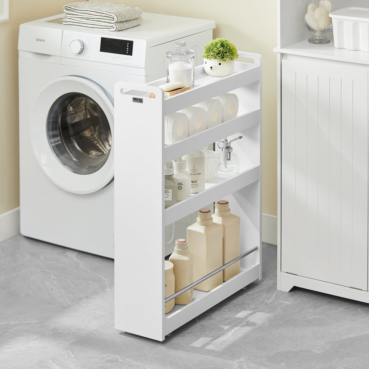 SoBuy NSR01-W Chariot de Rangement avec Roues et 4 Niveaux, Format Compact, Rangement Optimisé, Design Fonctionnel, Usage Quotidien – L60×P18×H82 cm, Blanc