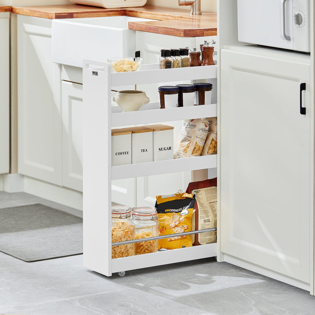 SoBuy NSR01-W Chariot de Rangement avec Roues et 4 Niveaux, Format Compact, Rangement Optimisé, Design Fonctionnel, Usage Quotidien – L60×P18×H82 cm, Blanc