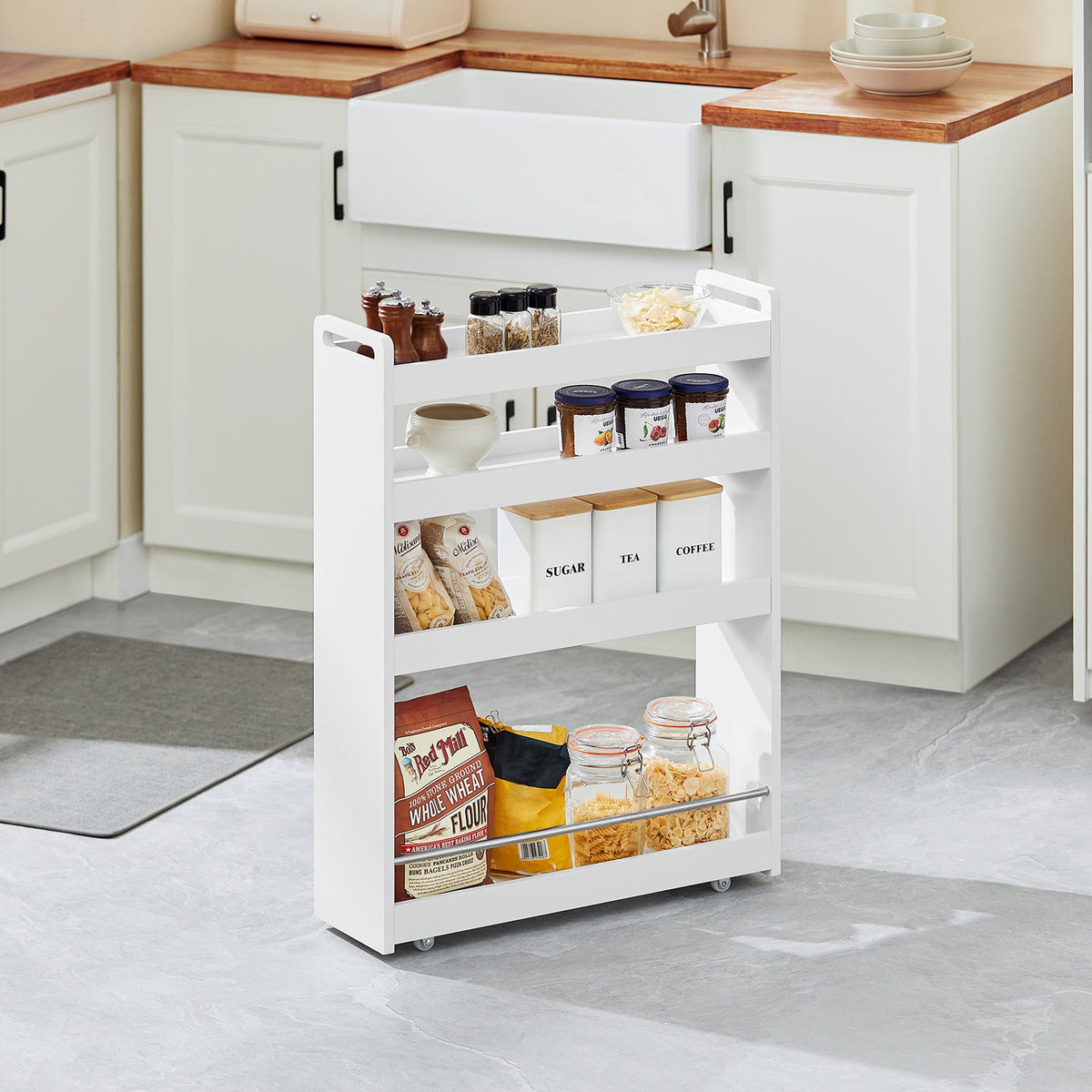 SoBuy NSR01-W Chariot de Rangement avec Roues et 4 Niveaux, Format Compact, Rangement Optimisé, Design Fonctionnel, Usage Quotidien – L60×P18×H82 cm, Blanc