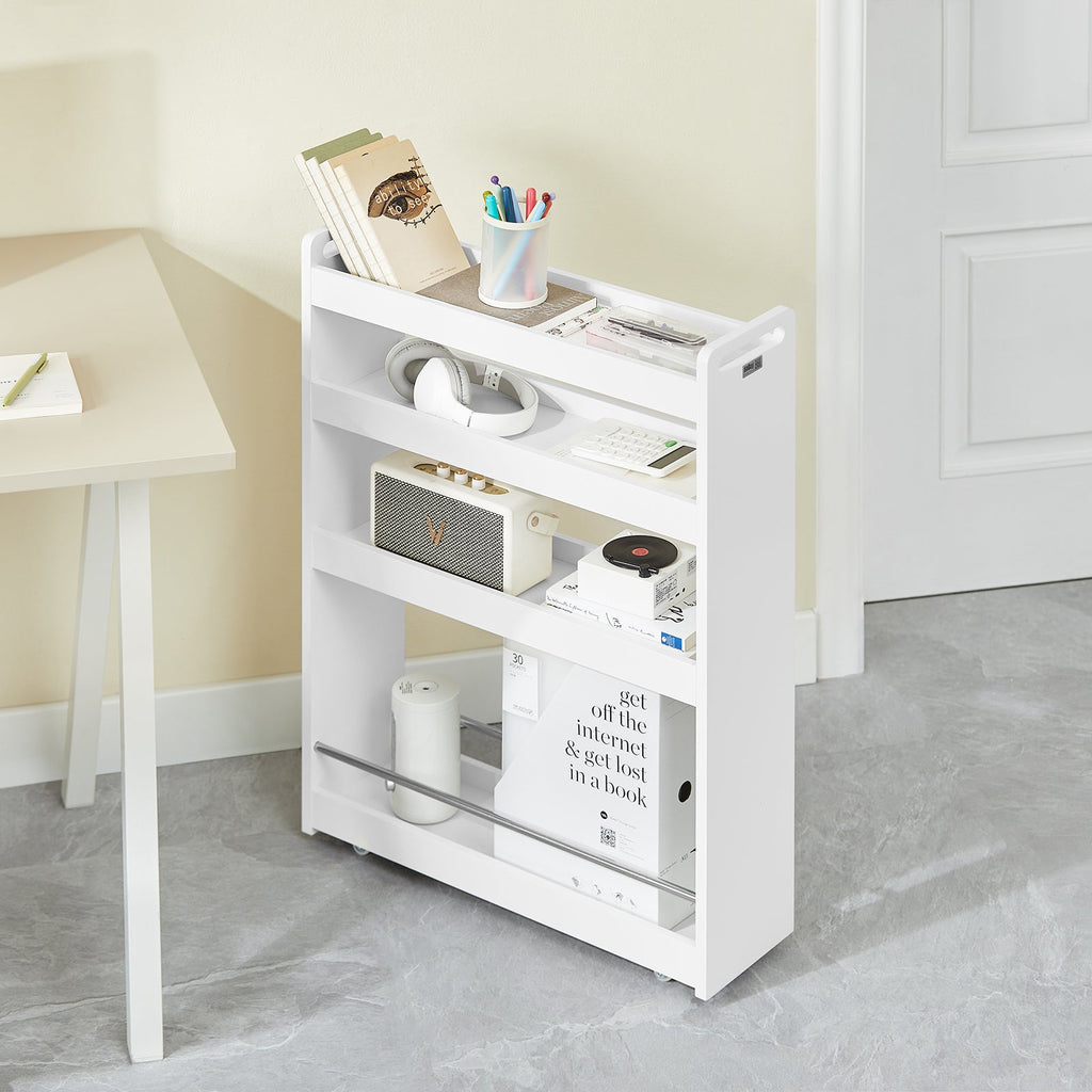 SoBuy NSR01-W Chariot de Rangement avec Roues et 4 Niveaux, Format Compact, Rangement Optimisé, Design Fonctionnel, Usage Quotidien – L60×P18×H82 cm, Blanc