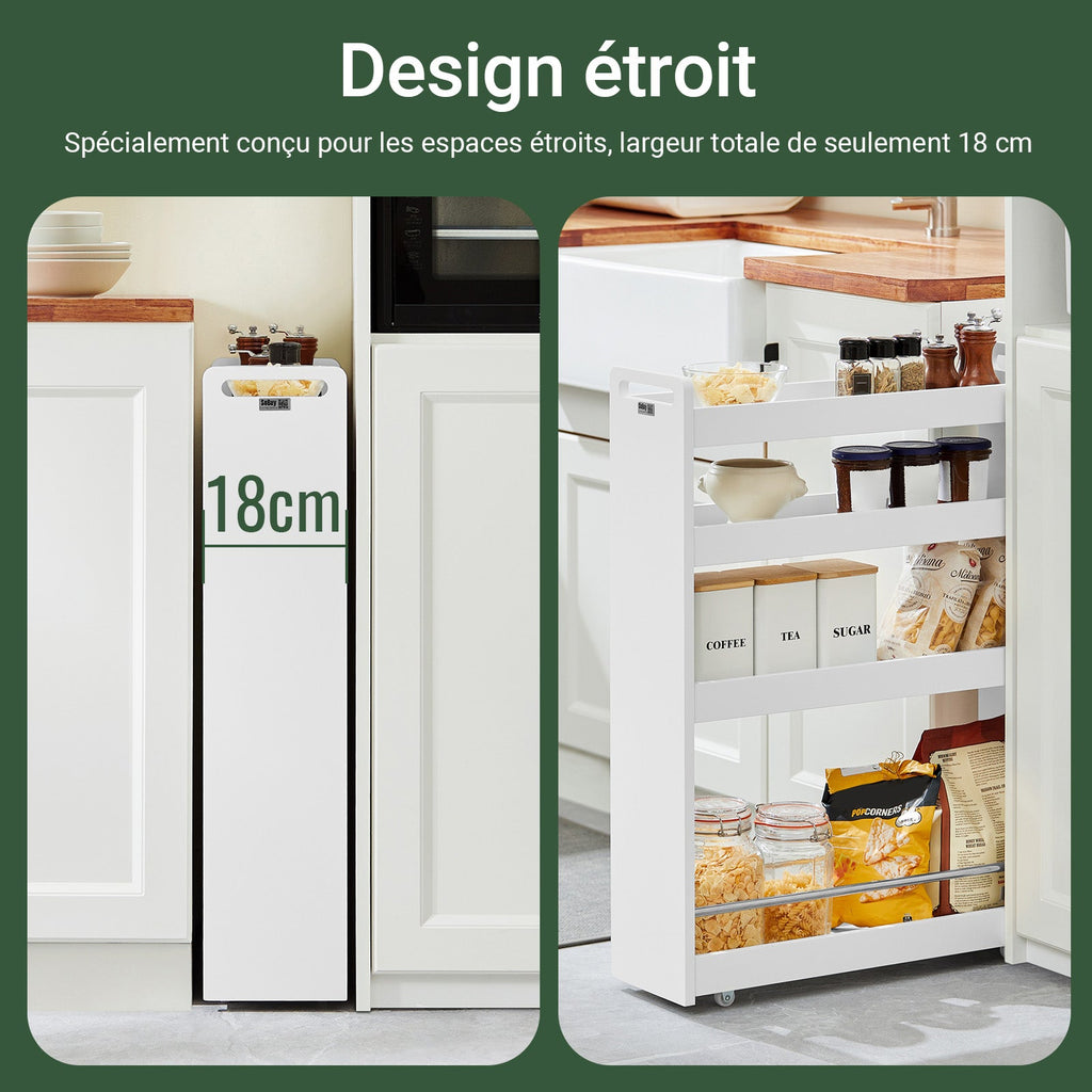 SoBuy NSR01-W Chariot de Rangement avec Roues et 4 Niveaux, Format Compact, Rangement Optimisé, Design Fonctionnel, Usage Quotidien – L60×P18×H82 cm, Blanc