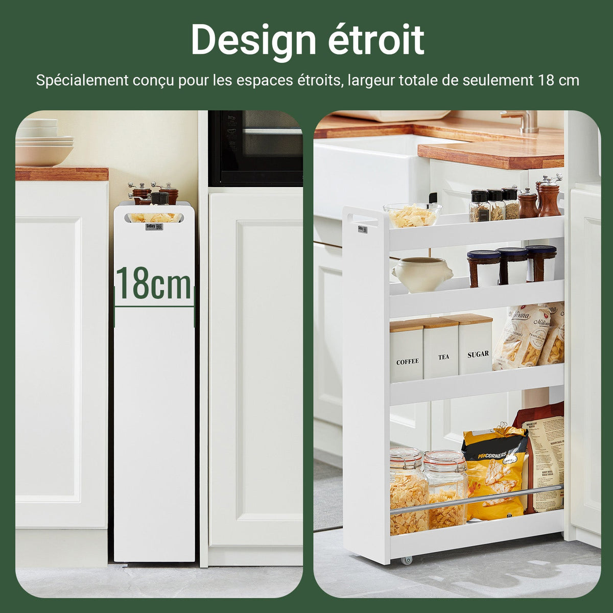 SoBuy NSR01-W Chariot de Rangement avec Roues et 4 Niveaux, Format Compact, Rangement Optimisé, Design Fonctionnel, Usage Quotidien – L60×P18×H82 cm, Blanc
