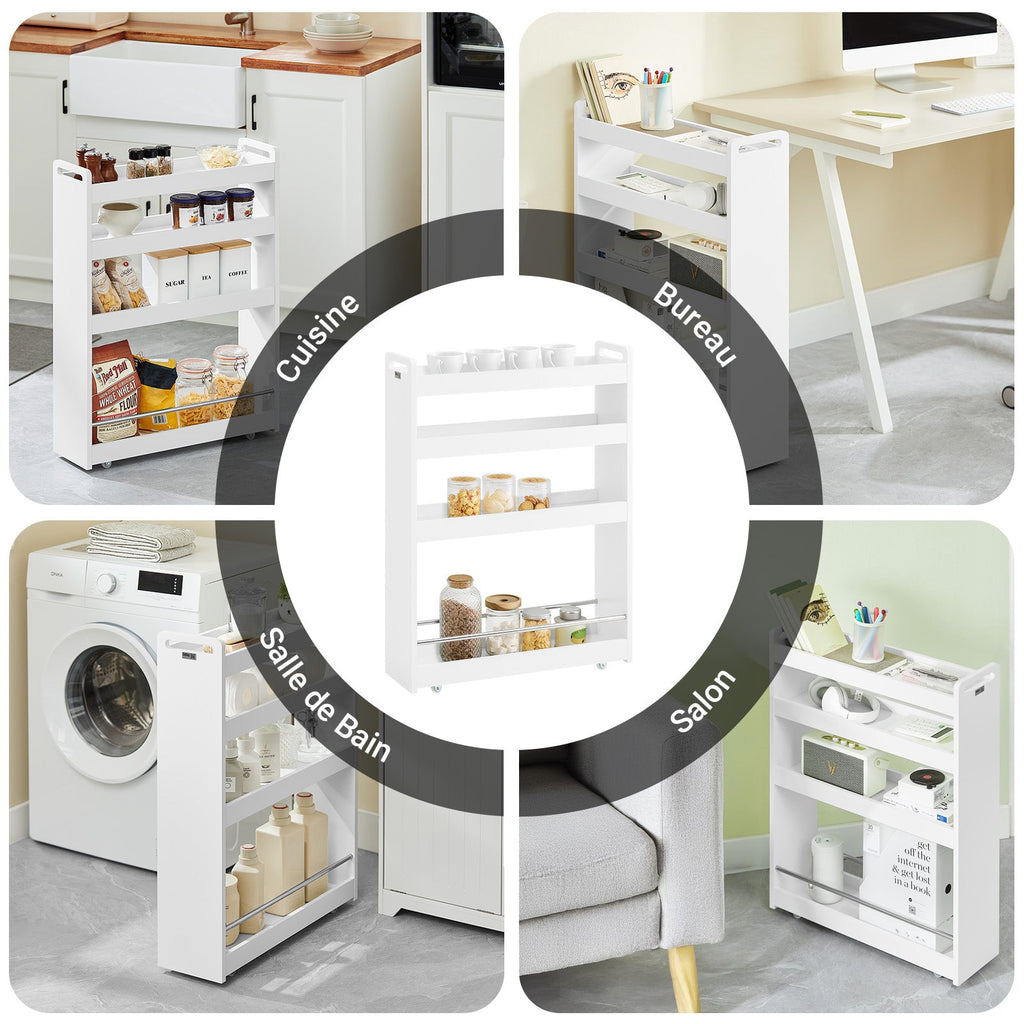 SoBuy NSR01-W Chariot de Rangement avec Roues et 4 Niveaux, Format Compact, Rangement Optimisé, Design Fonctionnel, Usage Quotidien – L60×P18×H82 cm, Blanc