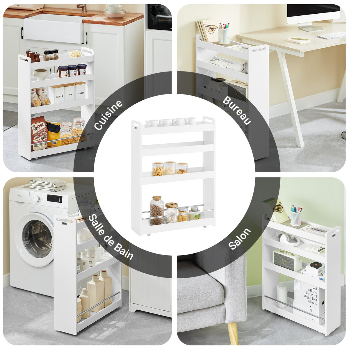 SoBuy NSR01-W Chariot de Rangement avec Roues et 4 Niveaux, Format Compact, Rangement Optimisé, Design Fonctionnel, Usage Quotidien – L60×P18×H82 cm, Blanc